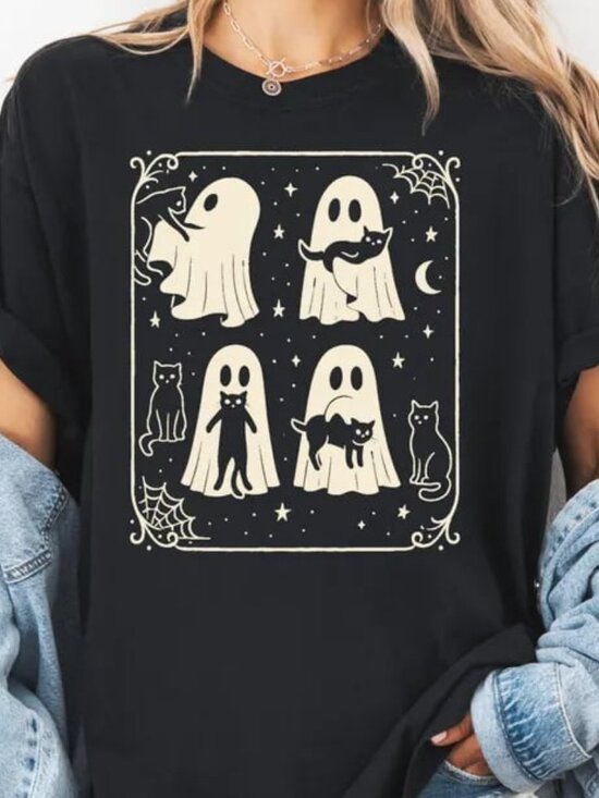 Tops - Halloween Cat Shirt, Cute Ghost And Cat Tee, Halloween Gift